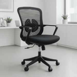 Silla de oficina ergonómica con respaldo de malla y asiento acolchado, ideal para espacios de trabaj.