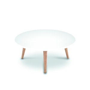 Mesa de centro moderna con patas de madera y superficie blanca para sala de estar.