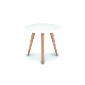 Mesa de centro moderna con patas de madera y superficie blanca para sala de estar.