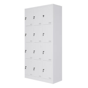 Armario de lockers metálicos blancos para oficina, gimnasio o vestuario, con cerraduras individuales.