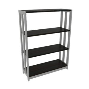 Estantería de oficina con estructura metálica y estantes de madera oscura, ideal para organización e.
