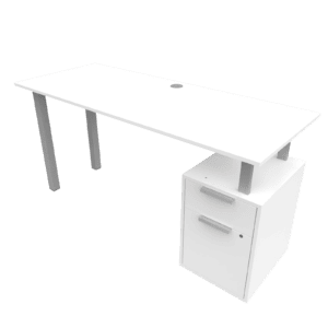 Mesa de oficina moderna con cajonera blanca y superficie amplia para trabajo.