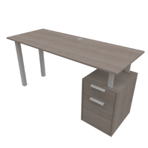 Mesa de oficina moderna con cajonera y cable de gestión para espacios de trabajo.