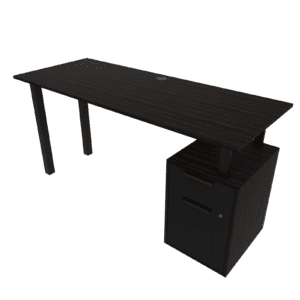 Mesa de oficina moderna con cajonera negra, ideal para espacios de trabajo y estudio.