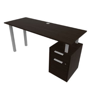 Mesa de oficina moderna con cajonera y gestión de cables para espacios de trabajo.