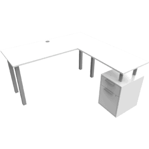 Mesa de oficina en esquina con cajonera y cable de alimentación para espacios de trabajo.