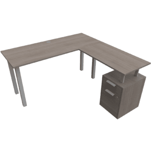 Escritorio de oficina en forma de L con cajonera y superficie de madera, ideal para espacios de trab.