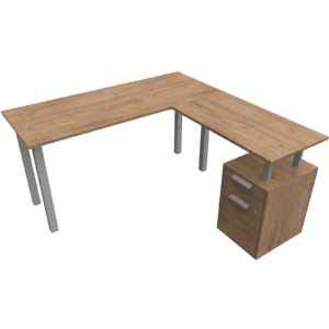 Escritorio de oficina en forma de L con cajonera y estructura moderna, ideal para espacios de trabaj.