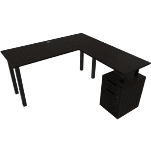 Escritorio de oficina en color oscuro con cajonera y espacio para computadora, ideal para espacios d.