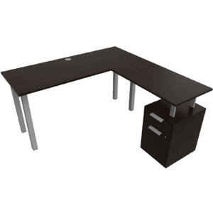 Escritorio de oficina en forma de L con cajonera negra, ideal para espacios de trabajo modernos.