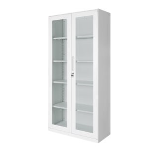 Armario de oficina con puertas de vidrio y estantes ajustables para almacenamiento eficiente.