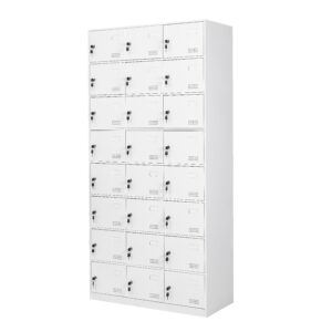 Buzón de lockers metálicos blancos con cerraduras para almacenamiento seguro en oficina y escuela.