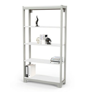 Estantería blanca para oficina con diseño minimalista y espacio para libros y objetos decorativos.