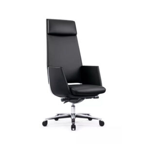 Silla de oficina ergonómica negra con respaldo alto y ruedas, ideal para espacios de trabajo moderno.
