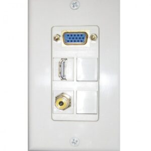 Conector VGA, HDMI y entrada de audio en pared para conexiones de oficina.