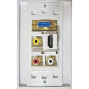 Conector de video VGA, audio RCA y HDMI en pared para conexiones multimedia.