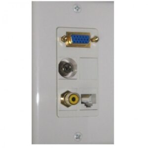 Conector de video VGA, audio y red en pared para conexiones multimedia.