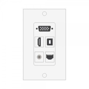Conector de puertos de computadora en panel de pared para conexiones de red y periféricos.