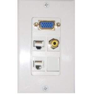 Conector de video VGA, Ethernet y RCA en pared para oficina y hogar.