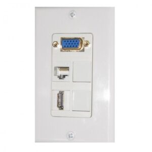 Enchufe de red, VGA y USB en pared para conexiones de oficina y tecnología.