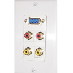 Conector de entrada de video y audio en pared para sistemas de entretenimiento y seguridad.