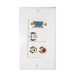 Conector de video VGA y audio RCA en pared para oficina y hogar.