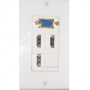 Puerto USB y VGA en pared para conexiones de dispositivos electrónicos.