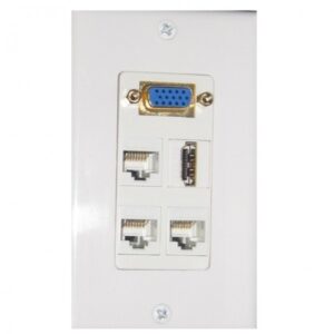 Enchufe de red y puerto VGA en pared para conexiones de oficina y tecnología.
