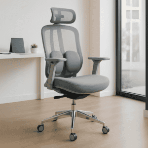 Silla de oficina ergonómica gris con soporte lumbar y ajustable, ideal para espacios de trabajo en c.