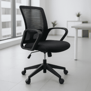 Silla de oficina ergonómica negra con respaldo de malla y ruedas, ideal para espacios de trabajo mod.