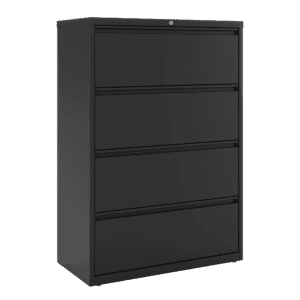 Gabinete de oficina negro con 4 cajones para almacenamiento eficiente.