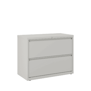 Gabinete de oficina con dos cajones en color gris claro para almacenamiento.
