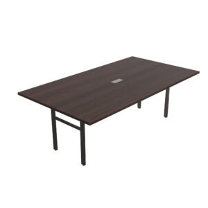 Mesa de oficina moderna con superficie de madera oscura y patas metálicas resistentes para espacios.
