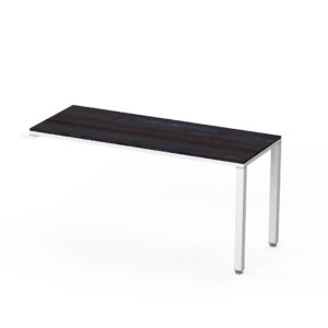 Mesa de oficina moderna con superficie de madera oscura y estructura blanca para espacios de trabajo.