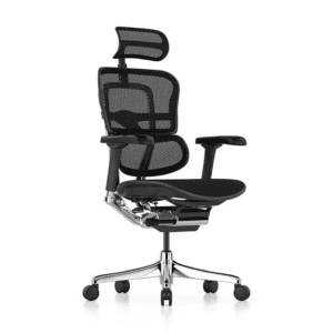 Silla ergonómica de oficina con soporte lumbar y cabecera para trabajo cómodo y saludable.