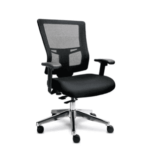 Silla de oficina ergonómica con respaldo de malla negra para trabajo cómodo y saludable.
