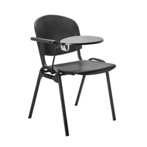 Silla de oficina negra con escritorio ajustable para trabajo y estudio.