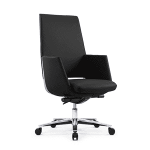 Silla de oficina ergonómica negra con soporte lumbar y ruedas, ideal para espacios de trabajo modern.