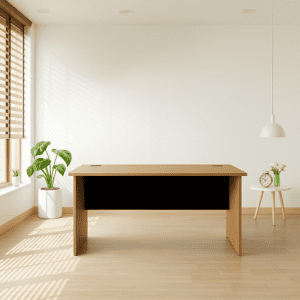 Escritorio de oficina moderno y minimalista en espacio luminoso y ordenado.