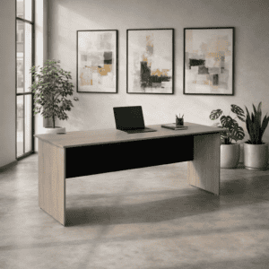 Mesa de oficina moderna con plantas y arte abstracto en la pared.