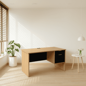 Mesa de oficina moderna en un espacio minimalista con plantas y luz natural.