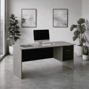 Mesa de oficina moderna con plantas y arte abstracto en fondo gris.