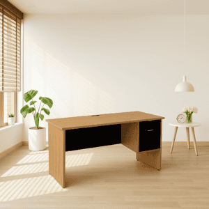 Escritorio de oficina de madera moderna con espacio de almacenamiento y diseño funcional.
