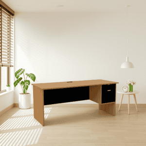 Mesa de oficina moderna en un espacio minimalista con plantas y luz natural.