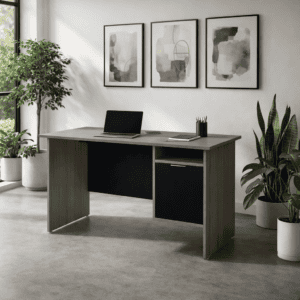 Escritorio de oficina moderno con plantas y arte abstracto, ideal para espacios de trabajo en casa o.