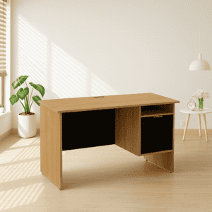 Escritorio de oficina de madera con espacio de almacenamiento y diseño minimalista.