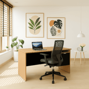 Escritorio de oficina moderno con plantas y arte en pared, ambiente luminoso y ordenado.