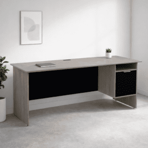 Escritorio de oficina moderno y minimalista en tonos grises, ideal para espacios de trabajo profesio.