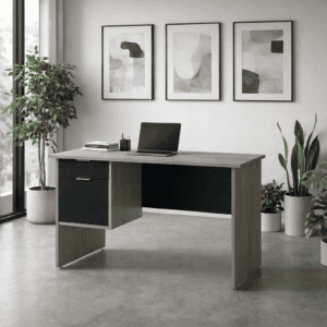 Escritorio de oficina moderno y minimalista con acabado en madera y detalles en negro, ideal para es.