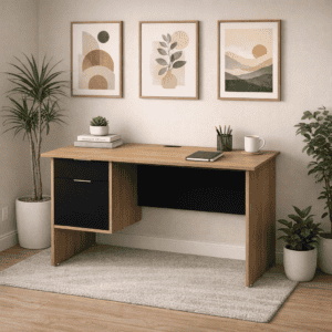 Mesa de oficina moderna con decoraciones minimalistas y plantas, perfecta para espacios de trabajo e.